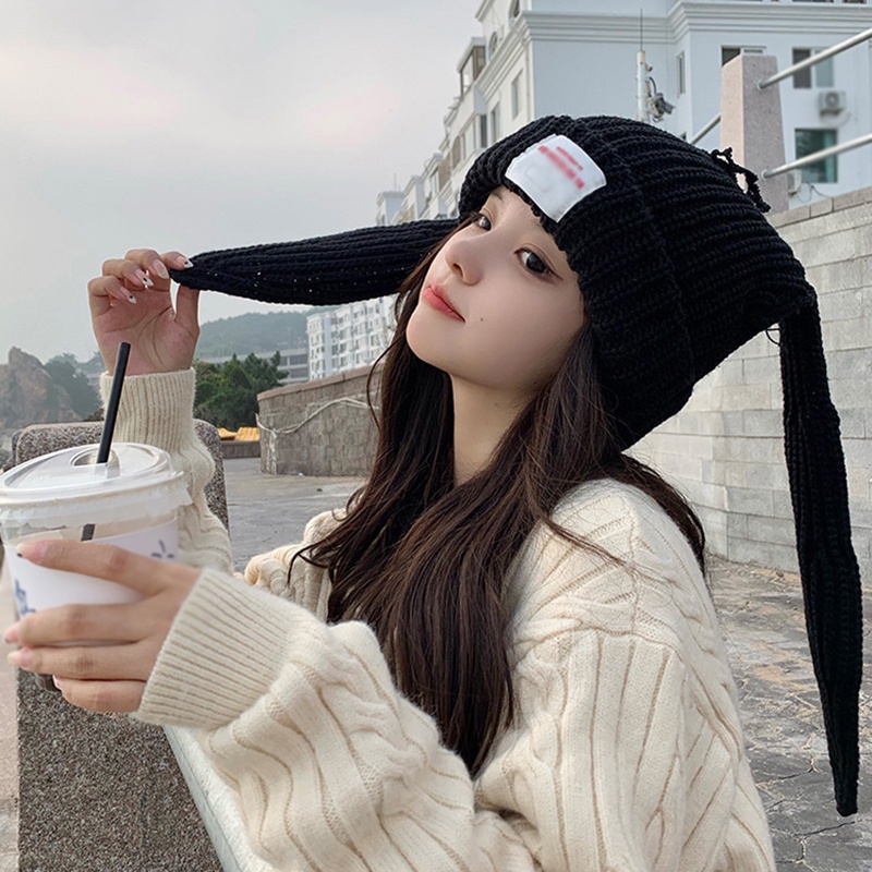 Topi Kelinci Rajut Long Ear Skullies Beanie Rabbit Ears Hat Topi Kelinci Lucu Rabbit Hat