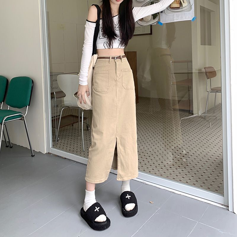 Red Rok Perkakas Celah Retro Wanita Temperamen Khaki Musim Gugur Lurus A-line Rok Pinggang Tinggi Ramping Rok Panjang Sedang