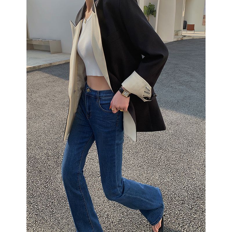 Red Peregangan celana jeans berkobar wanita musim gugur dan musim dingin baru pinggang tinggi ukuran besar penutup daging celana tapal kuda slim fit celana berkobar celana ramping