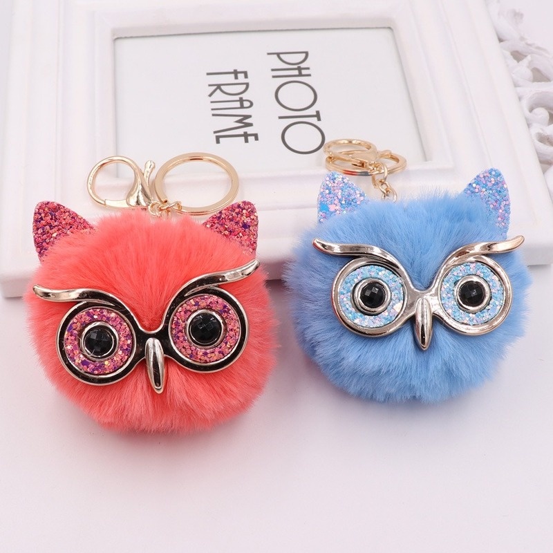 Fashion Lucu Kartun Gantungan Kunci Owl Lembut Pompom Hewan Ekor Rambut Bola Mobil Keychain Wanita Aksesoris Tas Mobil Gantungan Kunci Hadiah Ibu