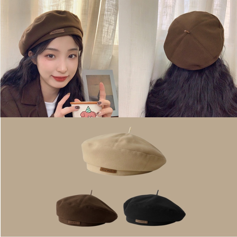 Baret Topi Wanita Muka Kecil Serbaguna Topi Retro Warna Solid Baret Kain Wol