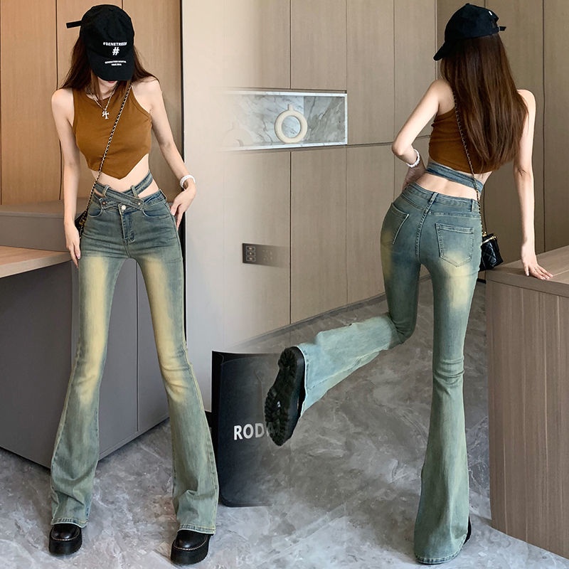 Red Retro Spice Girls Crossover High Waist Lace-Up Jeans Wanita Musim Panas Bagian Tipis Ramping Desain Ramping Rasa Mengepel Celana Horseshoe