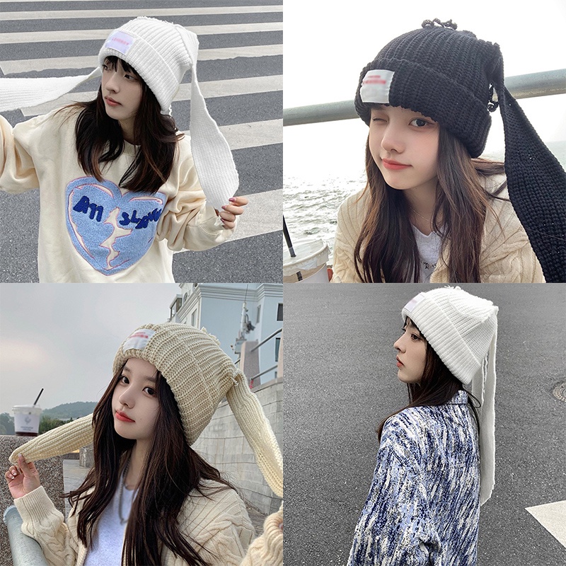 Topi Kelinci Rajut Long Ear Skullies Beanie Rabbit Ears Hat Topi Kelinci Lucu Rabbit Hat