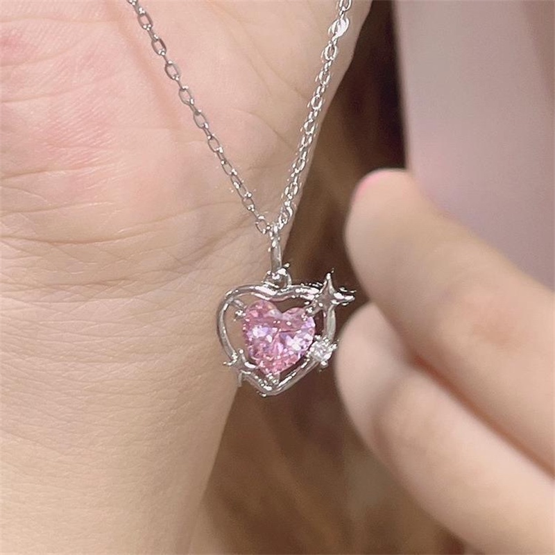 Fashion Peach Hati Tetesan Air Liontin Kalung Perhiasan Merah Muda Kristal Manis Keren Klavikula Rantai Wanita Necklaces