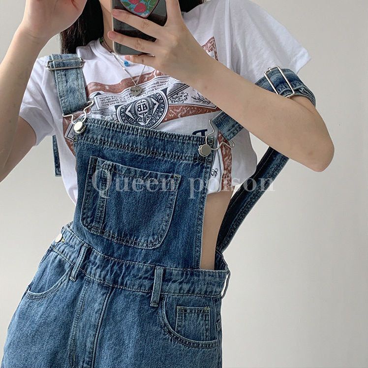 Red Kecil Fashion Pinggang Tinggi Suspender Denim Celana Pendek Musim Panas Longgar Slim Tabung Lurus Kasual Suspender Lebar Kaki Pendek Hot Pants
