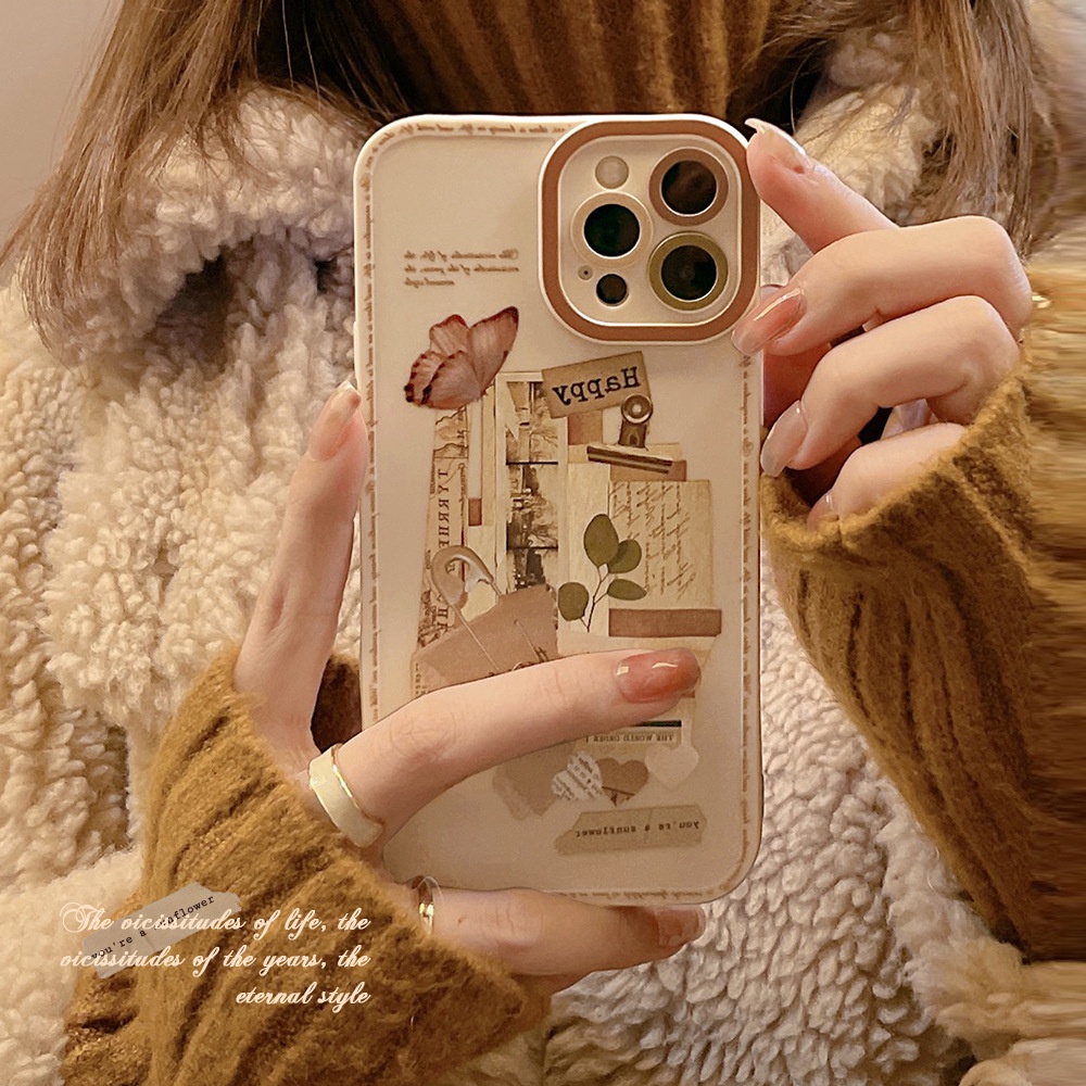 IPHONE [Mata Kucing] Soft Case TPU Anti Slip Untuk Iphone7Plus8 Plus X XS XR XS Max11 13 12 14 PRO Max 14 Plus Ins Fashion Grey Retro Sticker Wanita