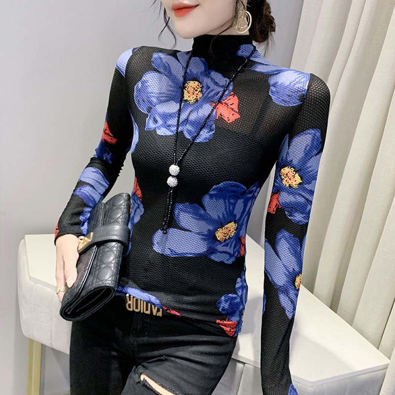 #5777 Floral Mesh T Shirt Wanita Kasual Vintage Lengan Panjang Ketat Tipis Kaos Wanita Tunic WANITA