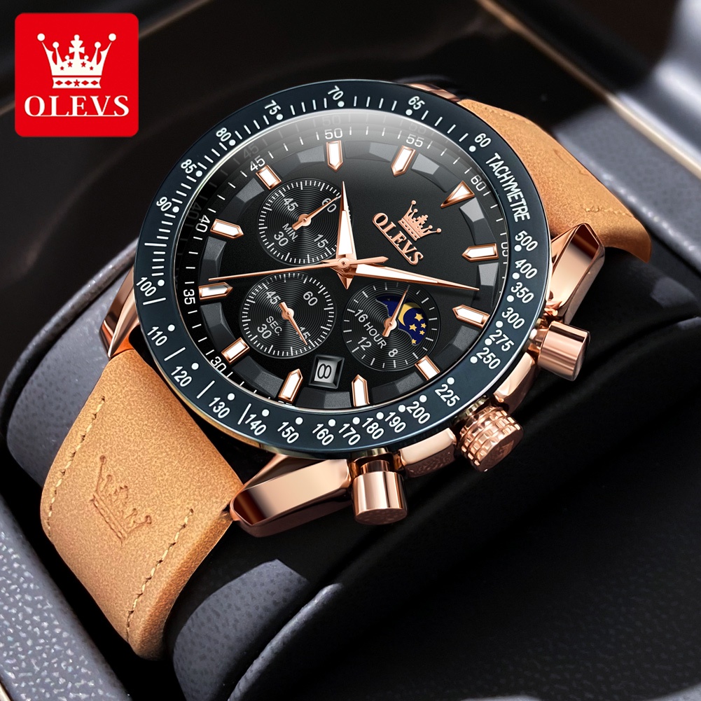 OLEVS Jam Tangan Pria Original Anti Air Kuarsa Kulit Bercahaya Luxury Chronograph Watch Men Cod 9957