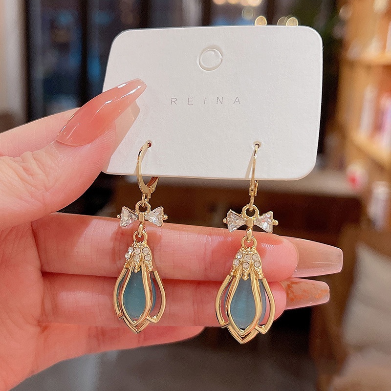 Gaya Baru925 Perak Jarum Biru Opal Anting Fashion Wanita Tulip Earrings