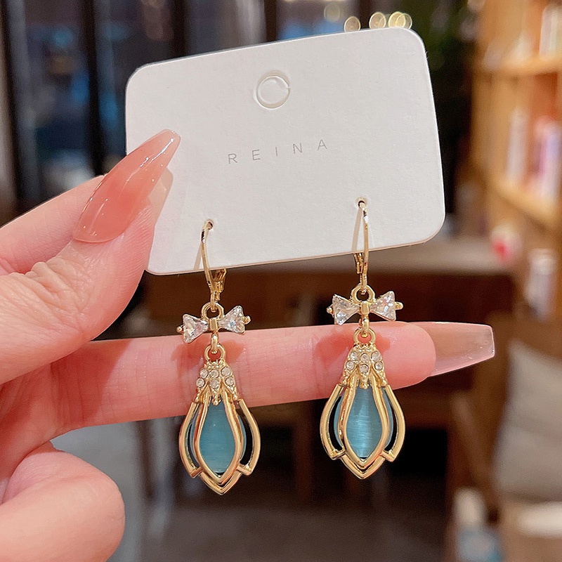 Gaya Baru925 Perak Jarum Biru Opal Anting Fashion Wanita Tulip Earrings