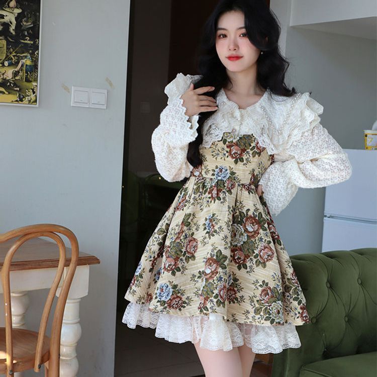 Red Yura s Garden 2023 French retro sweet and fresh Mori princess chic dress kemeja sastra warna solid