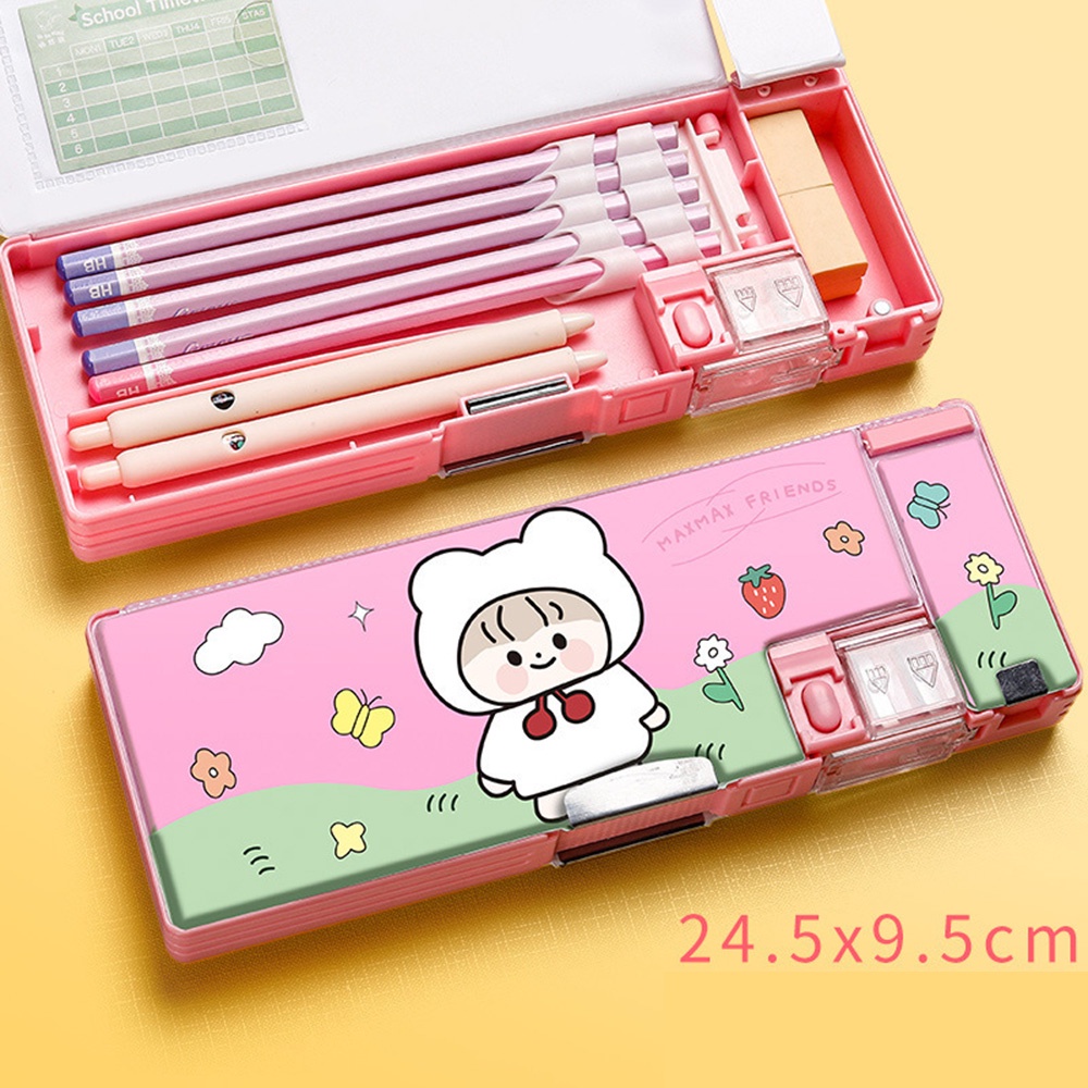 Pen Case Plastik Dua Lapis Kartun Unicorn Multifungsi, Siswa Sekolah Kotak Penyimpanan Stationary