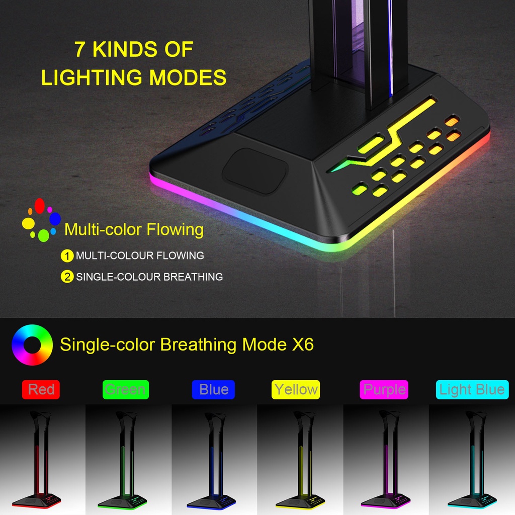 Gaming Headphone Stand Holder LED RGB 2 USB HUB Portable Gantungan Headset Multi-Color Flowing Light &amp; Single-Color Breathing Light Rechargable Earphone Hanger Bracket Phone Holder