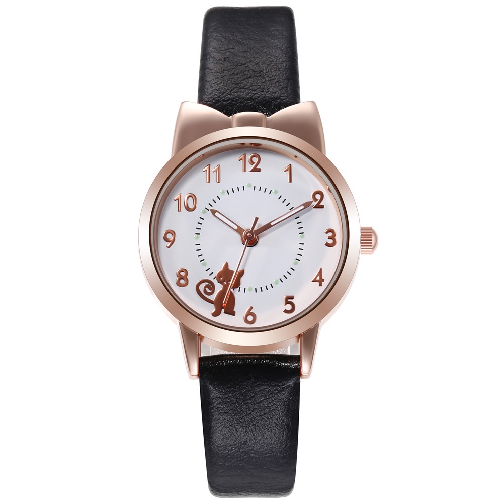 HBS 184 Jam Tangan Strap PU Analog Casual Gaya Retro Untuk Wanita Watch Korean Fashion Kucing