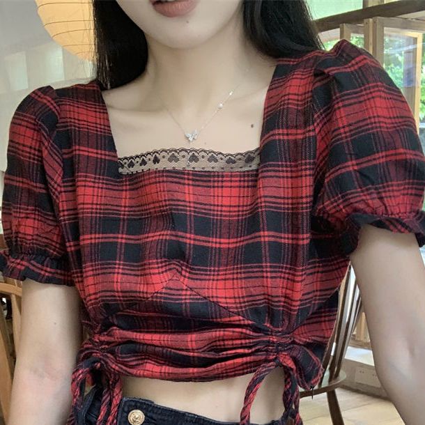 Red French square collar plaid shirt short-sleeve women s all-match pure desire style design sense niche sweet and spicy short chic top summer