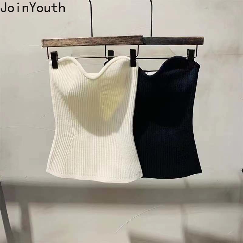 Y2k Pakaian Fashion Rompi Rajut untuk Wanita Seksi Crop Top Korea Tunik Lengan Camis Backless Tabung