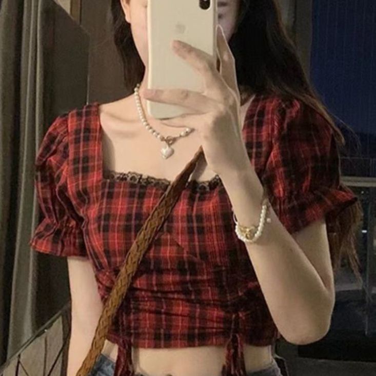 Red French square collar plaid shirt short-sleeve women s all-match pure desire style design sense niche sweet and spicy short chic top summer