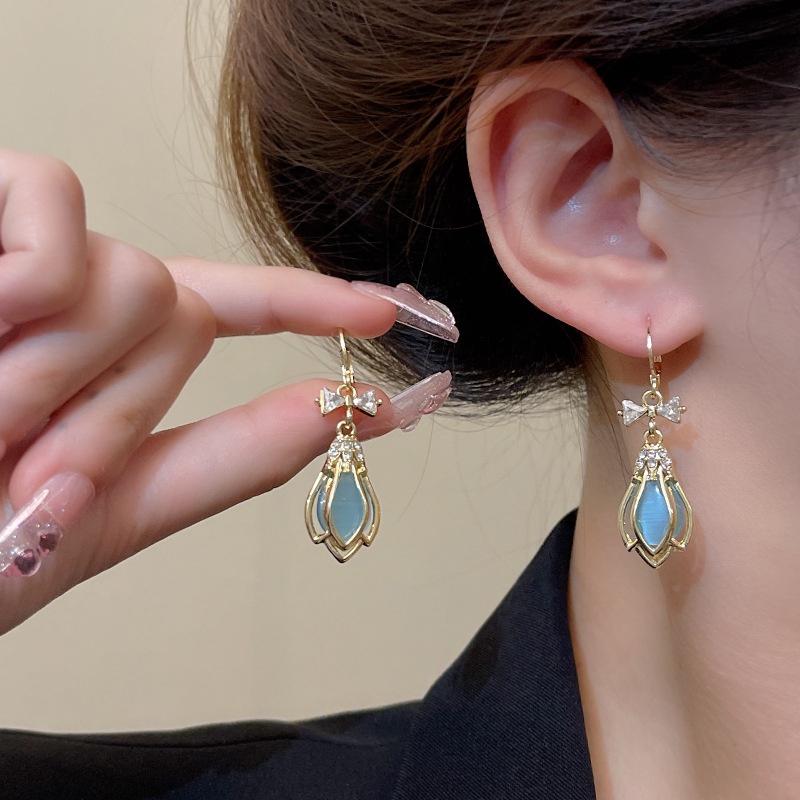 Gaya Baru925 Perak Jarum Biru Opal Anting Fashion Wanita Tulip Earrings