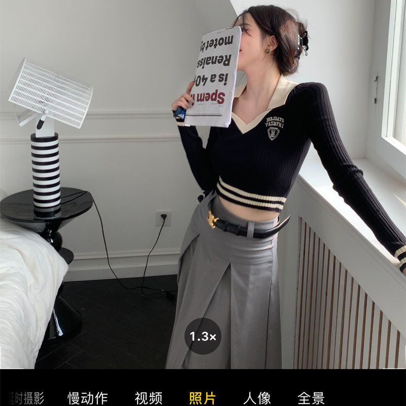 Red Bawah kemeja wanita musim semi dan musim gugur 2023 baru lengan panjang rajutan sweater hot girl V-neck gaya asing slim fit pendek top pasang