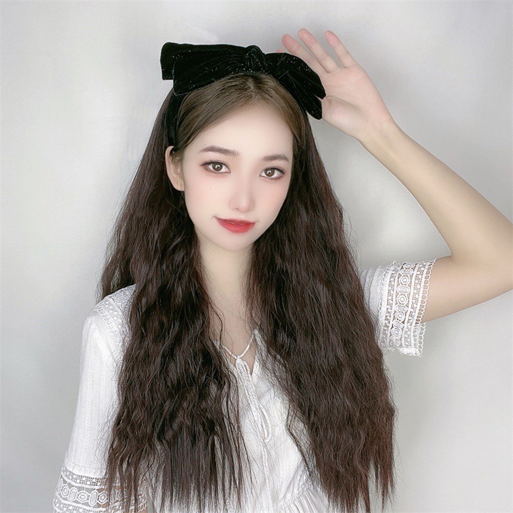 Wig Gelombang Keriting Panjang Dengan Ikatan Simpul Hitam Rambut Band Wig Lurus Panjang Untuk Wanita Ekstensi Rambut Hair Accessoreis