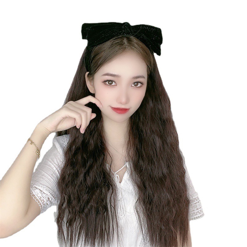 Wig Gelombang Keriting Panjang Dengan Ikatan Simpul Hitam Rambut Band Wig Lurus Panjang Untuk Wanita Ekstensi Rambut Hair Accessoreis