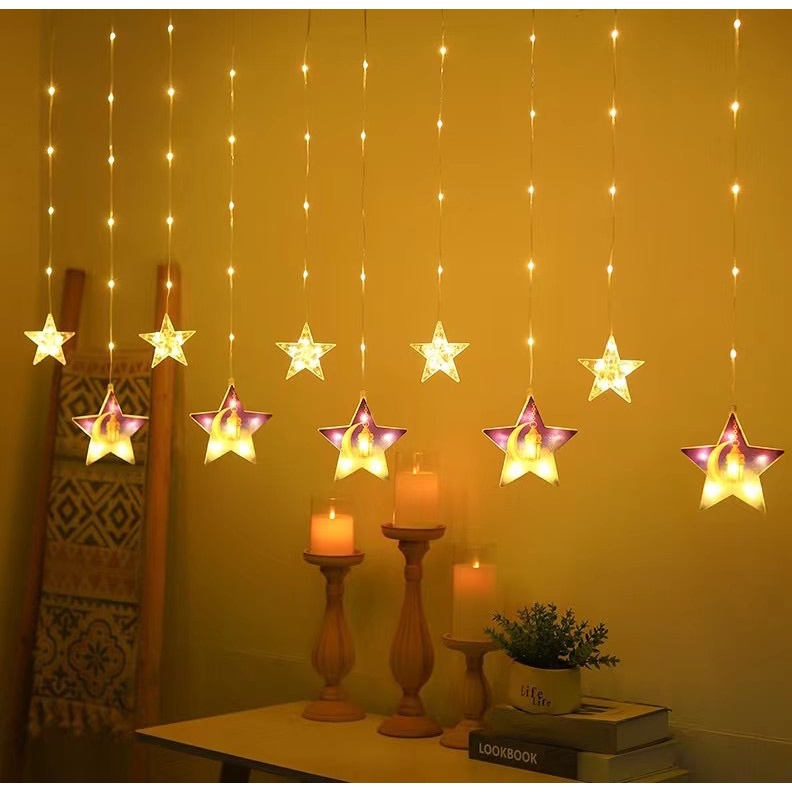 Lampu Hari Raya Lampu string Lampu 2023terbaru Laris Dicat Bintang Bulan Castle Tirai Lampu Love Kamar Cewek Muslim LED Liburan Dekorasi string Lampu