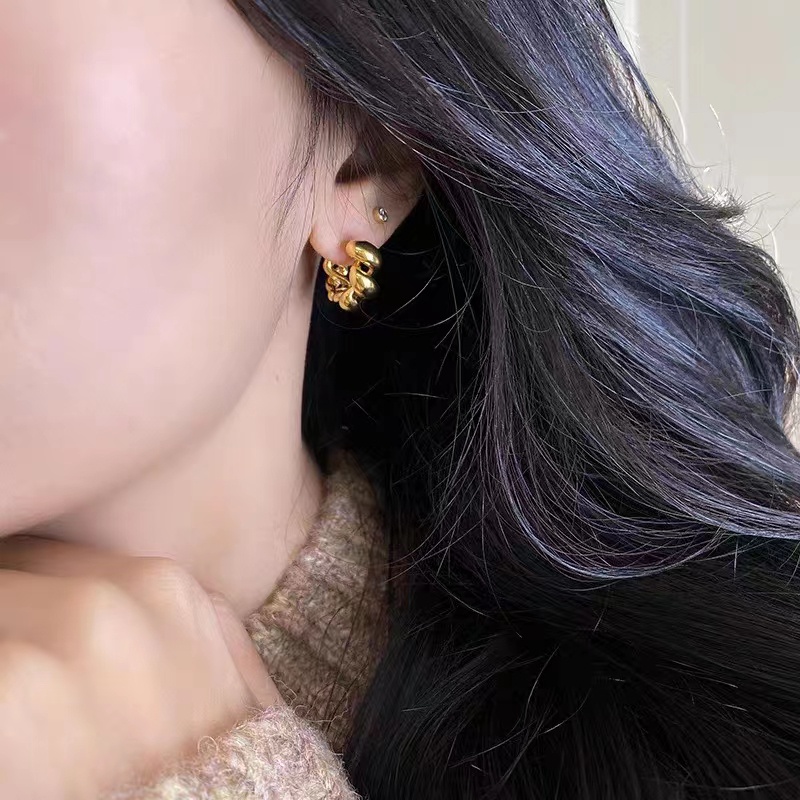 French Croissant Hoop Earrings Ins Anting Lingkaran Salib Logam