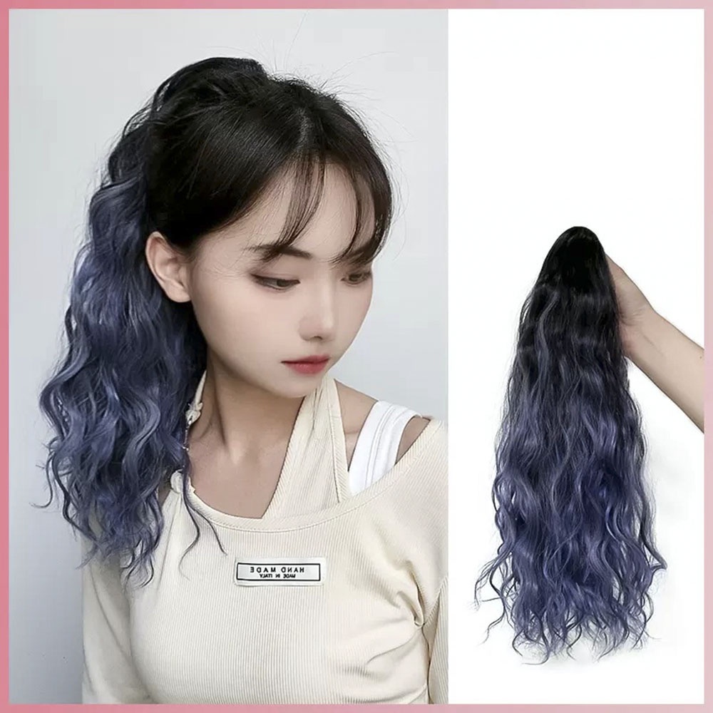 Wanita Gadis Gradien Panjang Keriting Wig Alami Ponytail Rambut Ekstensi Dengan Klip Aksesoris Rambut