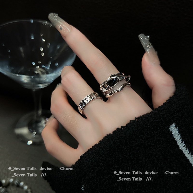 YEEZII Silver Ring Set for Women Black Zircon Index Finger Rings Accessories Jewelry