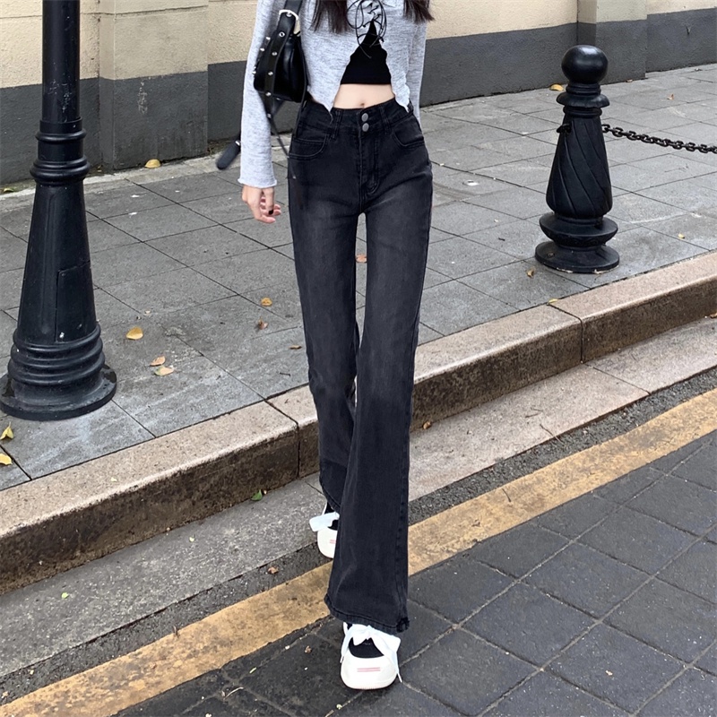 EUNII Celana Jeans Wanita Hitam High Waist Berkobar Celana Wanita Korean Style