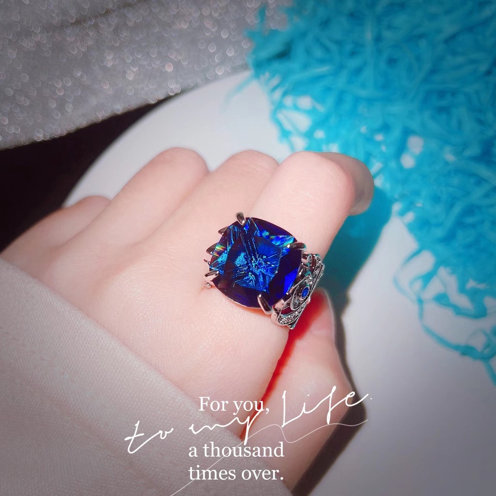 Goldkingdom Aksesoris Perhiasan Fashion Ready Stock Cincin Biru Royal Alami Nenek Imitasi Karat Besar, Harta Karun Warna Persegi Hijau Gemuk, Cincin Terbuka Perempuan