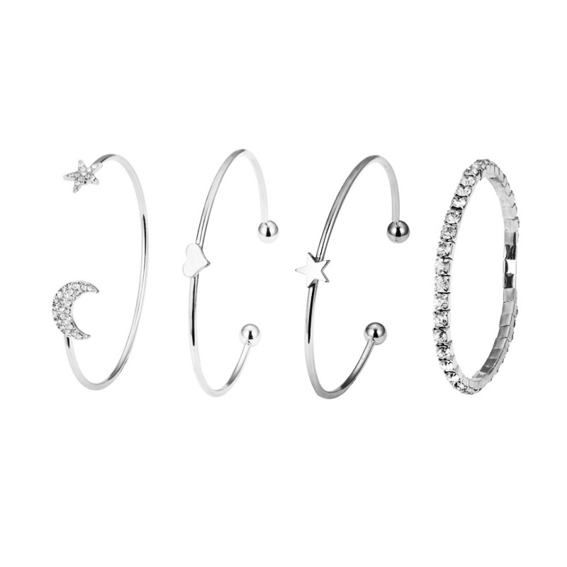 4pcs / Set Gelang Bangle Open Desain Bulan Bintang Gaya Eropa Amerika Untuk Wanita