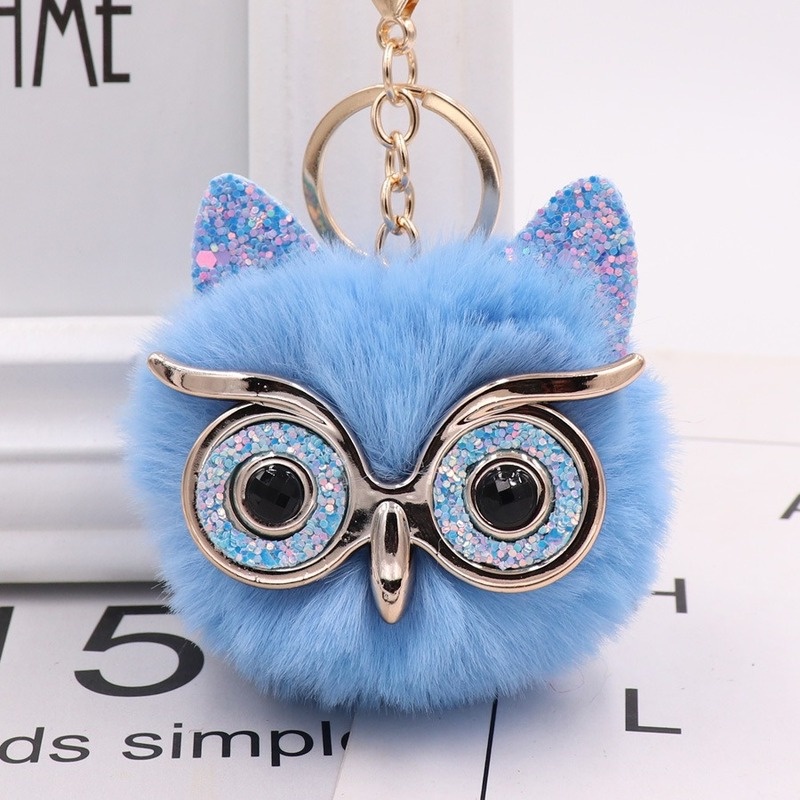 Fashion Lucu Kartun Gantungan Kunci Owl Lembut Pompom Hewan Ekor Rambut Bola Mobil Keychain Wanita Aksesoris Tas Mobil Gantungan Kunci Hadiah Ibu