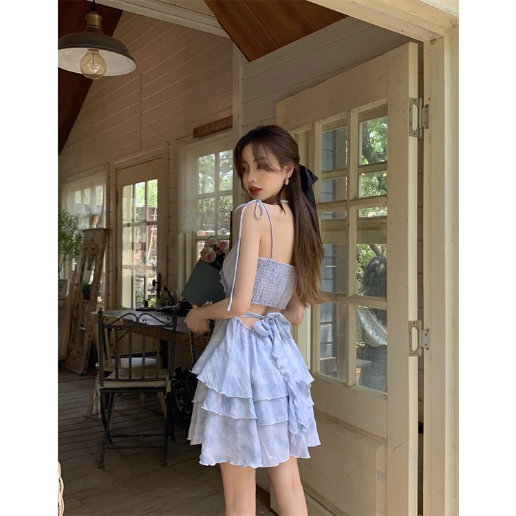 Red kumikumi design sense tie-dye tie dress female spring back hollow suspender skirt A-line skirt short skirt