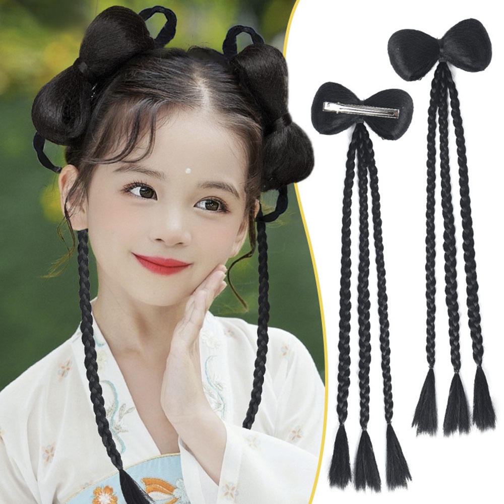 Anak-anak Kuncup Bunga Ponytails Sepasang Gaya Kuno Pengeriting Rambut Ponytails Pakaian Cina Wig Serbaguna Aksesoris Rambut Wig Simulasi