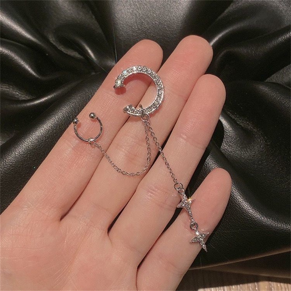 Shiny Silver Color Kristal Rumbai Tanpa Tindik Cuff Ear Clip Earring Untuk Wanita Berlian Imitasi Bintang Palsu Perhiasan Tindik Tulang Rawan