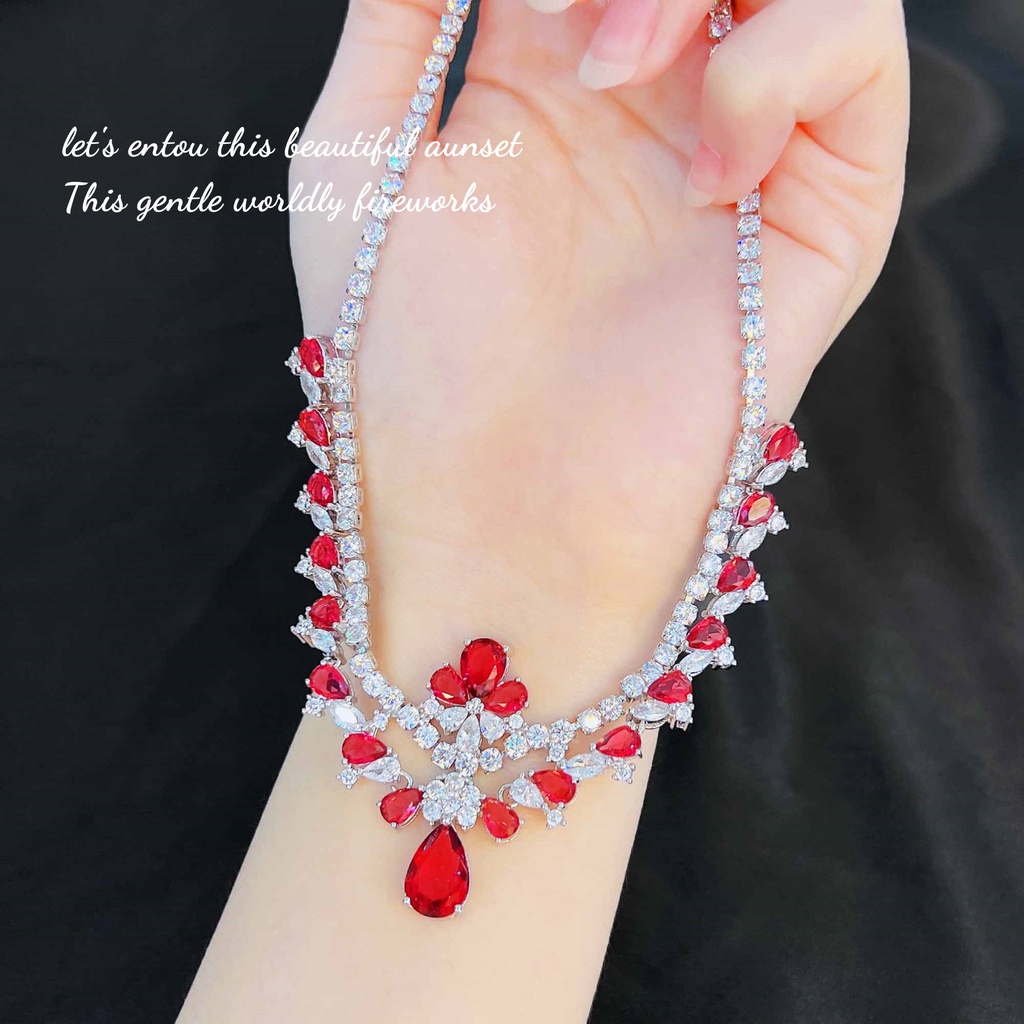 Goldkingdom Fashion Perhiasan Aksesoris Ready Stock Industri Berat Mewah Rantai Panjang Set Eropa Dan Amerika Dove Blood Ruby Banquet Engagement Bride Necklace