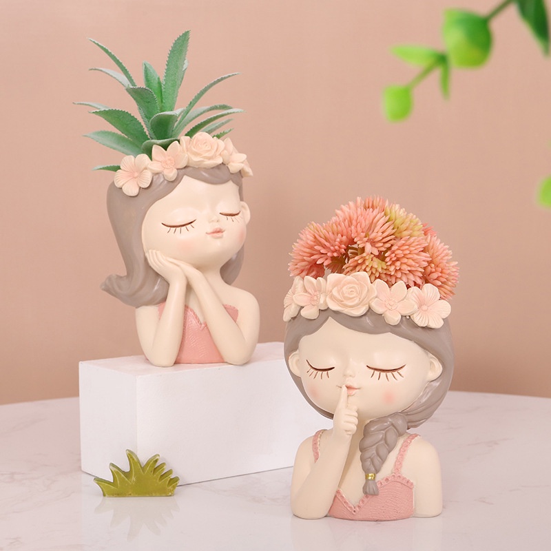 Pot Lucu Anak Perempuan Wajah Pot Bunga Kepala Wanita Penanam Resin Desktop Berkebun Lanskap Daging Wadah Menanam Buatan Tangan Kerajinan Ornamen Dekorasi