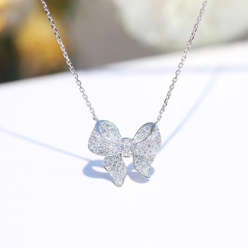 Goldkingdom Aksesoris Perhiasan Fashion Ready Stock Ins-style Bow Necklace Plated Emas Asli Kadar 375 18k Kalung Rantai Berlapis Dengan Emas Asli Kadar 375 Putih Penuh Berlian Liontin