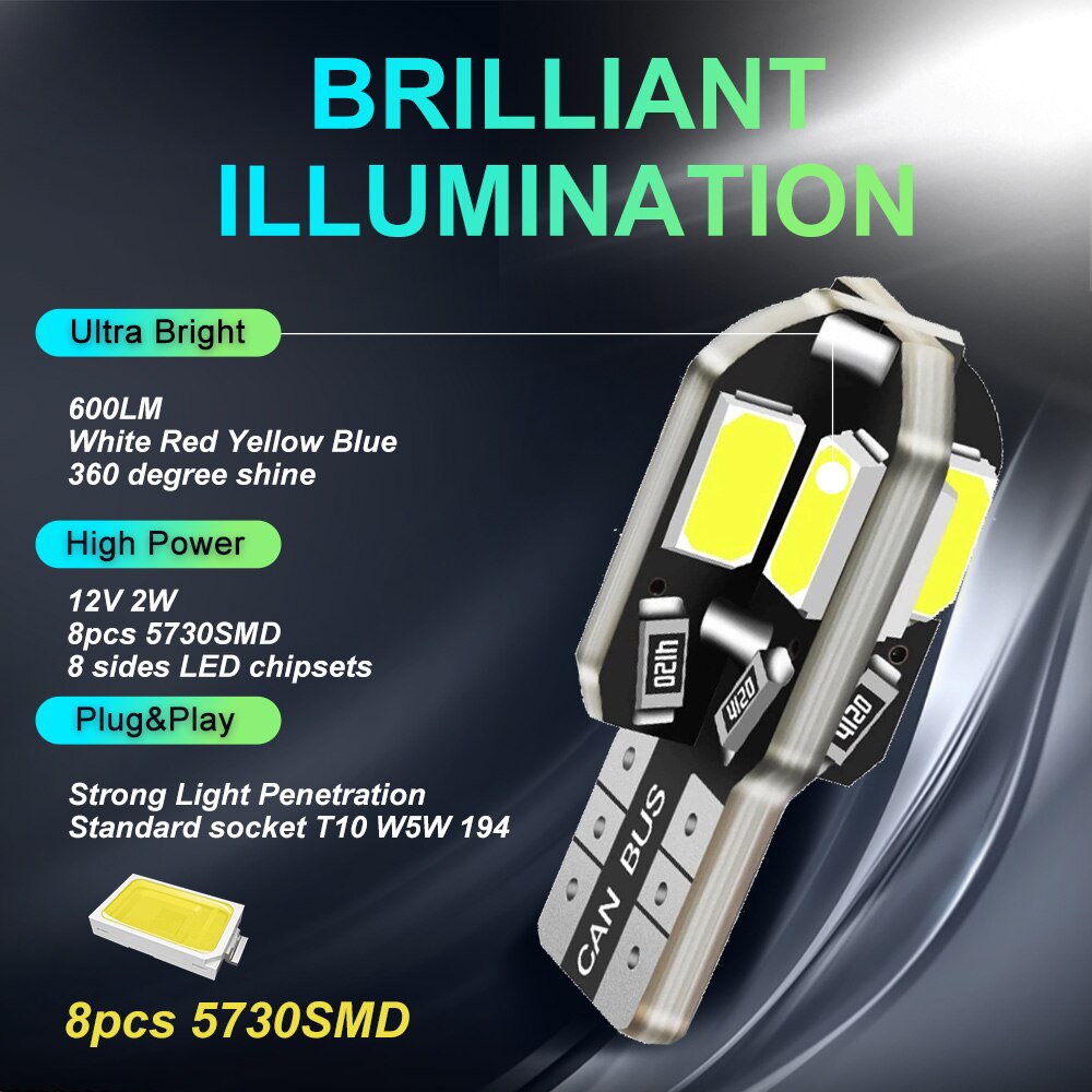 Lampu Parkir Mobil LED Canbus LED T10 W5W 12V Cool White 1 PCS - 8SMD - White