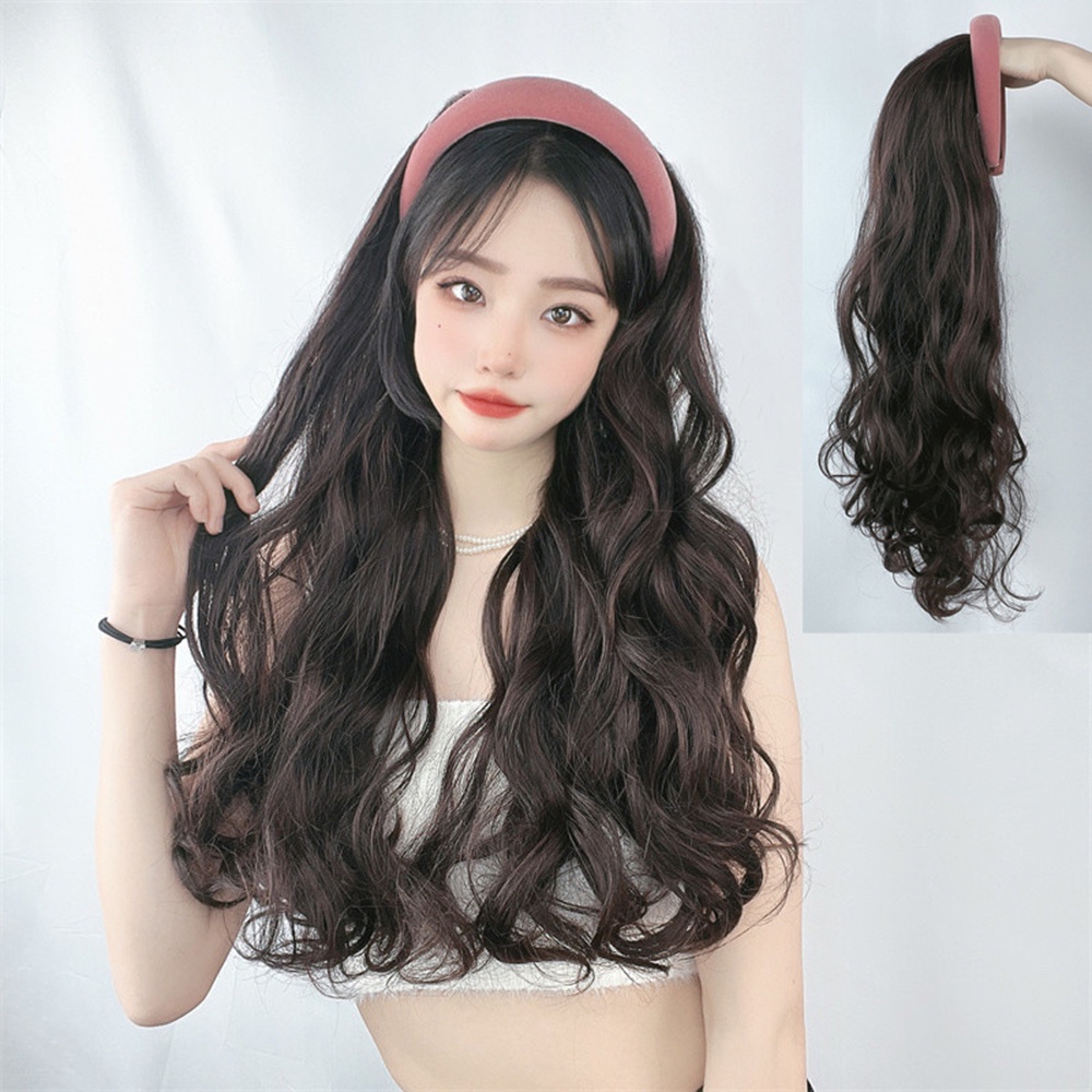 Wig Rambut Keriting Panjang Wanita Perempuan Dengan Hairband Half Head Cover Hair Extensions