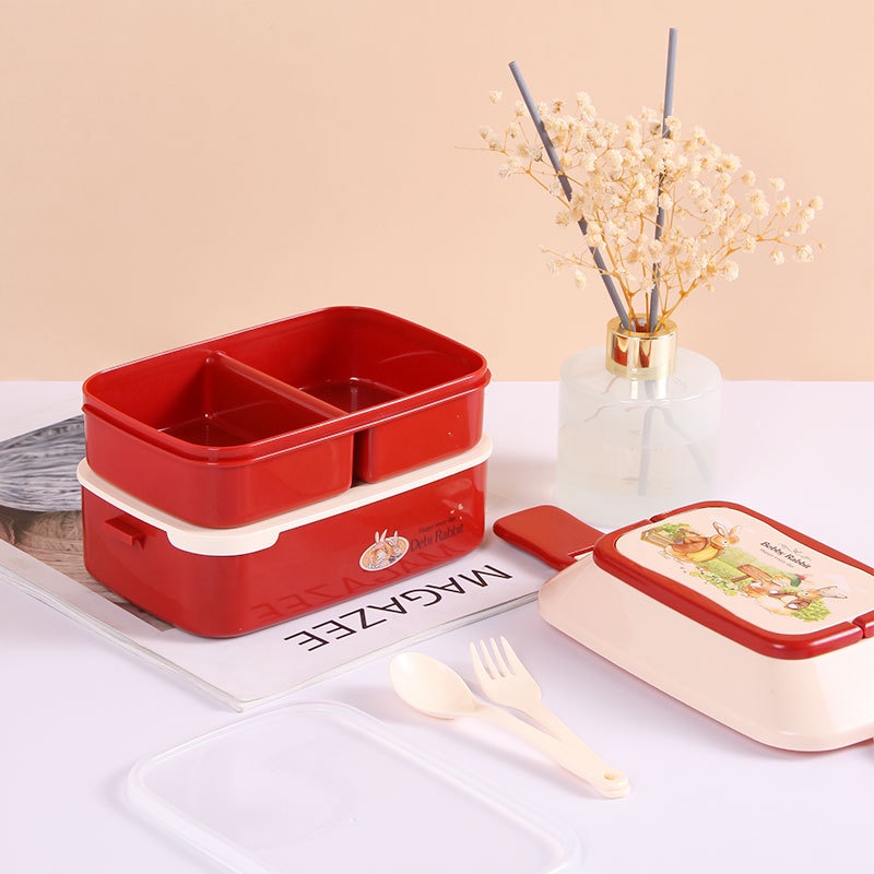 Double layer portable lunch box Kotak Makan Siang Piknik Siswa Kerja oven microwave portable Dengan Garpu Dan Sendok