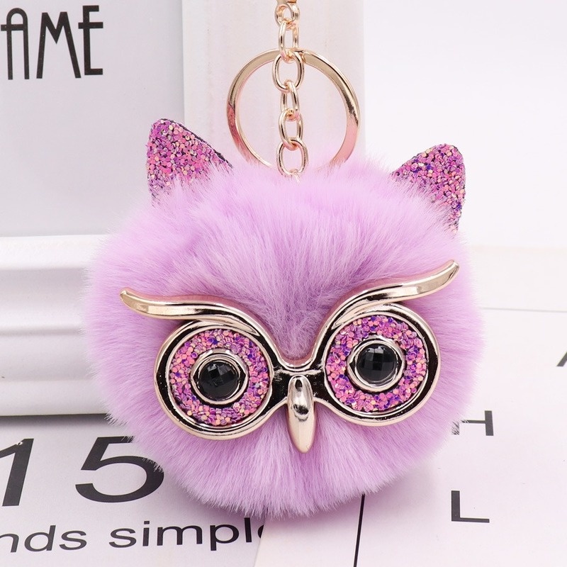 Fashion Lucu Kartun Gantungan Kunci Owl Lembut Pompom Hewan Ekor Rambut Bola Mobil Keychain Wanita Aksesoris Tas Mobil Gantungan Kunci Hadiah Ibu