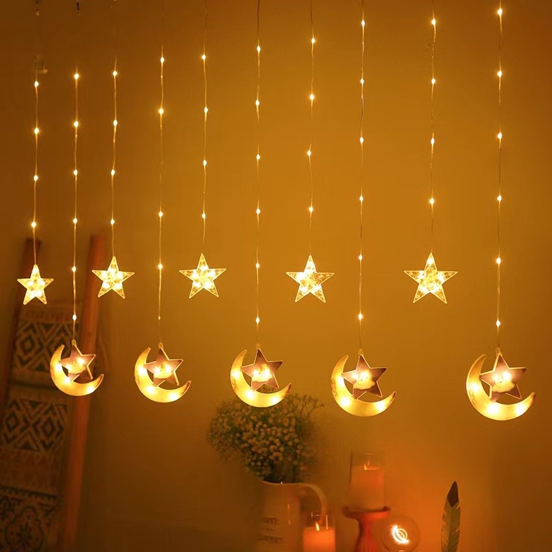 Lampu Hari Raya Lampu string Lampu 2023terbaru Laris Dicat Bintang Bulan Castle Tirai Lampu Love Kamar Cewek Muslim LED Liburan Dekorasi string Lampu