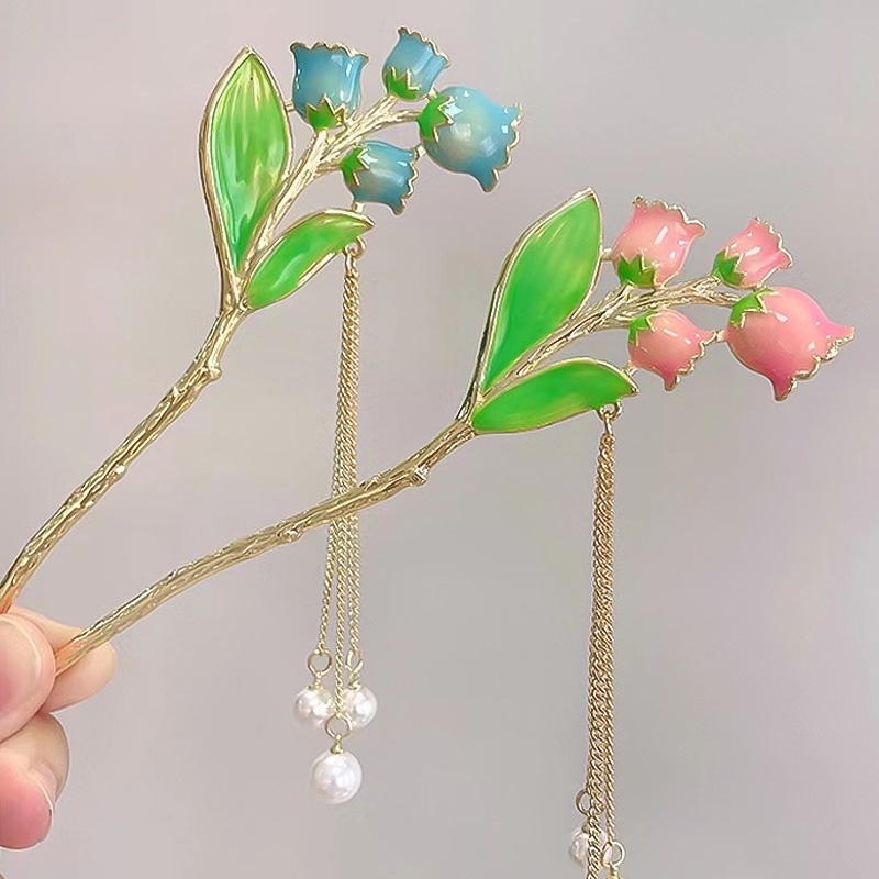 [KD] Wanita Rambut Stik Gadis Elegan  MutiaraLogam China Gaya Rumbai Bell Anggrek Hanfu Jepit Rambut