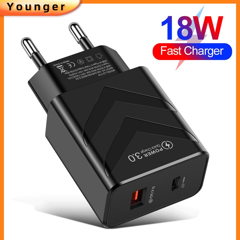 5v 3.1A Dual Port USB Tipe C Mewah US/EU Wall Plug Chargers Adapter Portabel 20W/18W PD Pengisian Cepat Pelindung Adoptor Charger