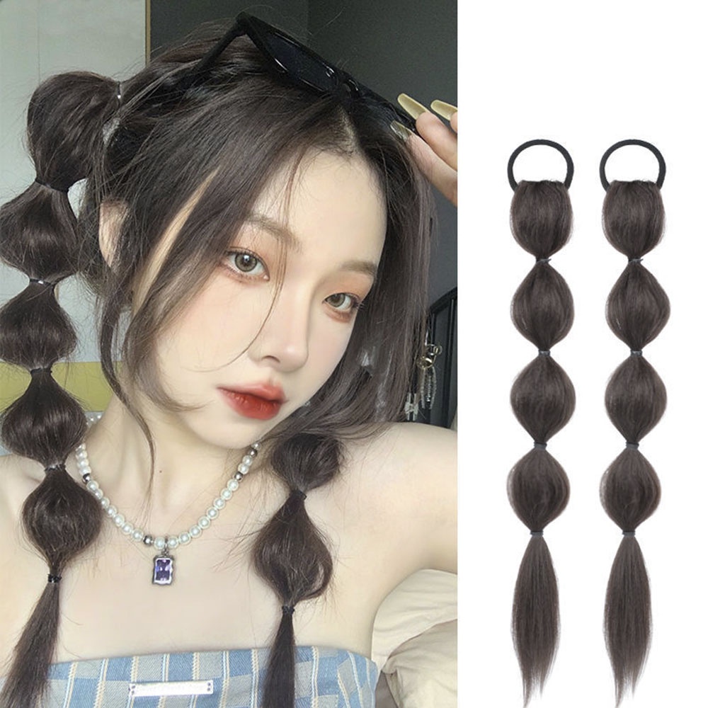 2pcs Y2K Bubble Braid Fluffy Braided Wig Ponytail Rambut Ekstensi Wig Panjang Potongan Untuk Gadis Keren Wanita Aksesoris Rambut 45cm