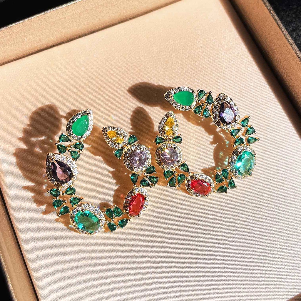 Goldkingdom Aksesoris Perhiasan Fashion Ready Stock Lingkaran Warna-Warni, Anting Hijau, Jarum Perak, Anting Kelompok Kecil Mewah Di Eropa Dan Amerika