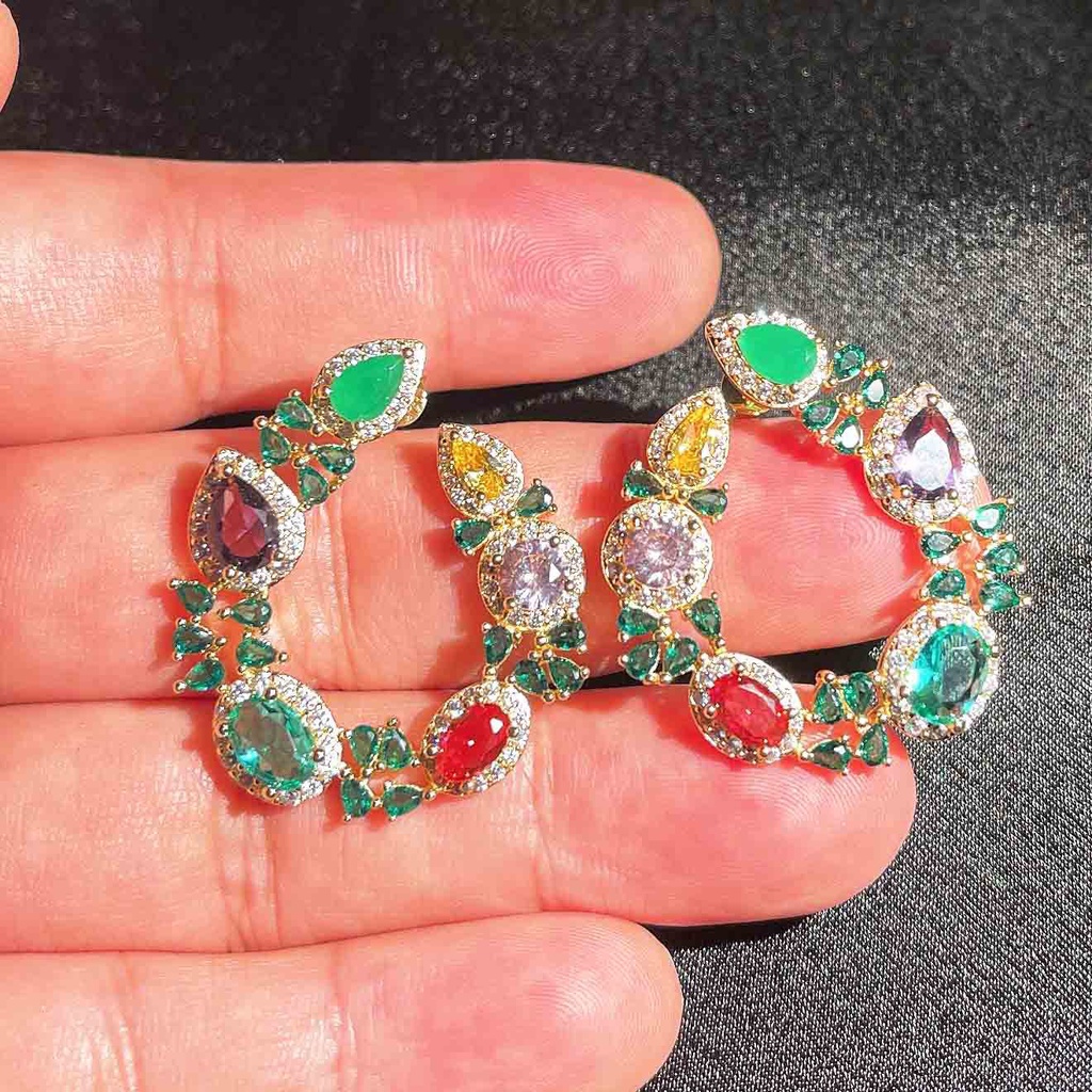 Goldkingdom Aksesoris Perhiasan Fashion Ready Stock Lingkaran Warna-Warni, Anting Hijau, Jarum Perak, Anting Kelompok Kecil Mewah Di Eropa Dan Amerika