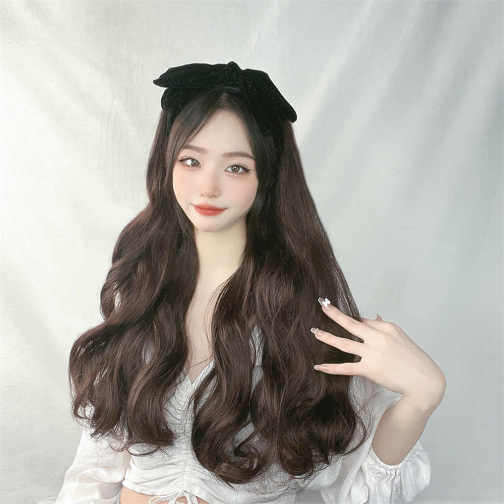 Wig Gelombang Keriting Panjang Dengan Ikatan Simpul Hitam Rambut Band Wig Lurus Panjang Untuk Wanita Ekstensi Rambut Hair Accessoreis